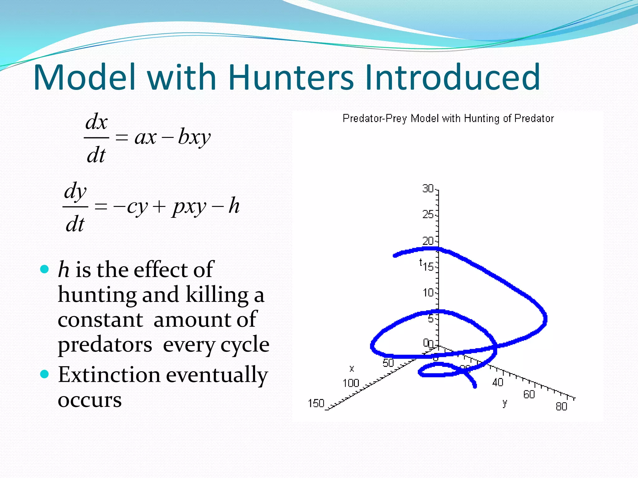 Model with Hunters Introduced
     dx
           ax bxy
     dt
  dy
          cy   pxy h
  dt
 h is the effect of
  hunting and killing a
  constant amount of
  predators every cycle
 Extinction eventually
  occurs
 