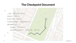 24
The Checkpoint Document
{
_id: ObjectId(),
user: UUID,
huntId: UUID,
timestamp: ISODate(),
geometry: {
type: "Point",
coordinates: [125.6, 10.1]
}
}
 