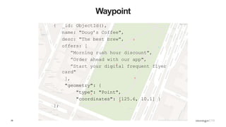 28
Waypoint
{ _id: ObjectId(),
name: "Doug’s Coffee",
desc: "The best brew",
offers: [
”Morning rush hour discount",
”Order ahead with our app",
”Start your digital frequent flyer
card"
],
"geometry": {
"type": "Point",
"coordinates": [125.6, 10.1] }
};
 