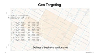 32
Geo Targeting
{
"type": "Polygon",
"coordinates" : [
[
[ -73.969581, 40.760331 ],
[ -73.974487, 40.762245 ],
[ -73.977692, 40.763598],
[ -73.979508, 40.761269 ],
[ -73.982364, 40.762358 ],
[ -73.983692, 40.760497 ],
[ -73.972821, 40.755861 ],
[ -73.969581, 40.760331 ]
]
]
} Defines a business service area
 