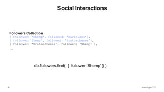 40
Social Interactions
db.followers.find( { follower:‘Shemp’ } );
Followers Collection
{ follower: ‘Shemp’, followed: ‘Euripides’},
{ follower:‘Shemp’, followed: ’Eratosthenes”},
{ follower: “Eratosthenes’, followed: ‘Shemp’ },
…
 
