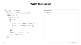 44
Write to Bucket
Parameters
• User
db.user.update(
{"user" : "Democritus"},
{$push: {
hotList: {
$each:
[
{ o: 10, <MESSAGE> },
{ o: 7, <MESSAGE> },
…
],
$sort: { o: -1 },
$slice: 50 }
}}
);
 