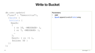45
Write to Bucket
Parameters
• user
• $push append to end of hotList array
db.user.update(
{"user" : "Democritus"},
{$push: {
hotList: {
$each:
[
{ o: 10, <MESSAGE> },
{ o: 7, <MESSAGE> },
…
],
$sort: { o: -1 },
$slice: 50 }
}}
);
 