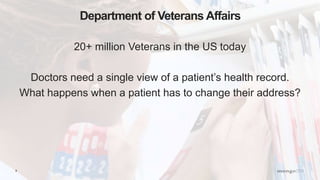 8
Department of Veterans Affairs
20+ million Veterans in the US today
Doctors need a single view of a patient’s health record.
What happens when a patient has to change their address?
 