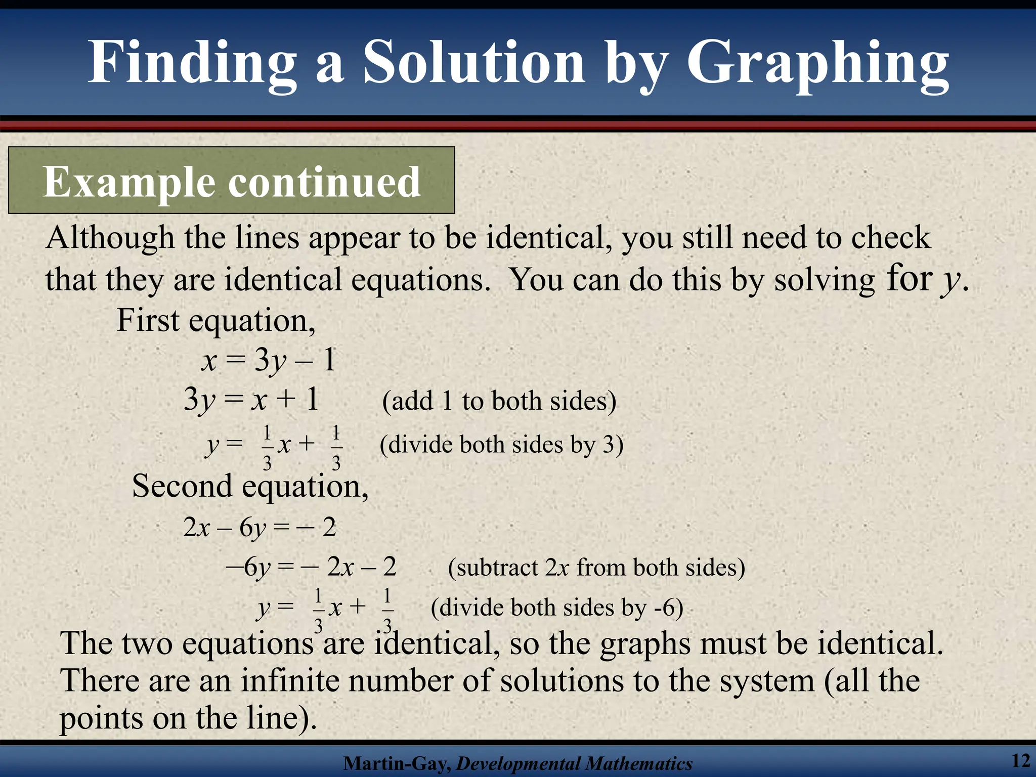 Martin-Gay, Developmental Mathematics 12
Although the lines appear to be identical, you still need to check
that they are identical equations. You can do this by solving for y.
First equation,
x = 3y – 1
3y = x + 1 (add 1 to both sides)
Second equation,
2x – 6y = – 2
–6y = – 2x – 2 (subtract 2x from both sides)
The two equations are identical, so the graphs must be identical.
There are an infinite number of solutions to the system (all the
points on the line).
3
1
y = x + (divide both sides by 3)
3
1
3
1
y = x + (divide both sides by -6)
3
1
Finding a Solution by Graphing
Example continued
 