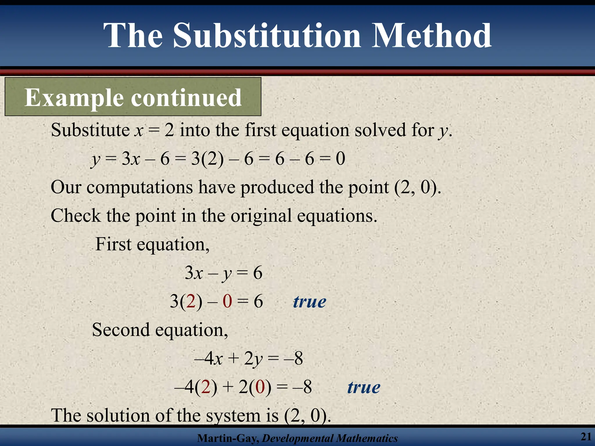 Martin-Gay, Developmental Mathematics 21
Substitute x = 2 into the first equation solved for y.
y = 3x – 6 = 3(2) – 6 = 6 – 6 = 0
Our computations have produced the point (2, 0).
Check the point in the original equations.
First equation,
3x – y = 6
3(2) – 0 = 6 true
Second equation,
–4x + 2y = –8
–4(2) + 2(0) = –8 true
The solution of the system is (2, 0).
The Substitution Method
Example continued
 