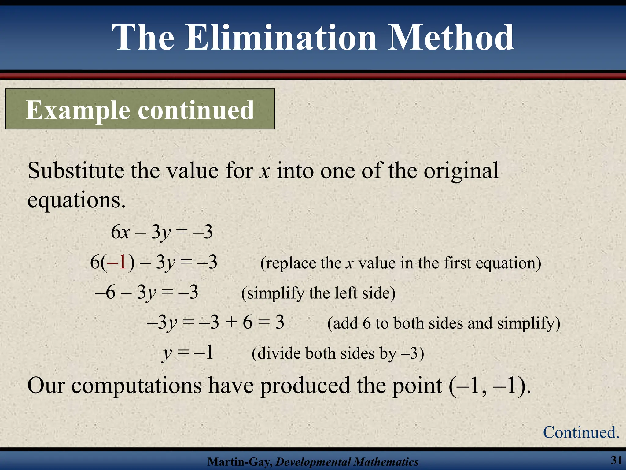 Martin-Gay, Developmental Mathematics 31
Substitute the value for x into one of the original
equations.
6x – 3y = –3
6(–1) – 3y = –3 (replace the x value in the first equation)
–6 – 3y = –3 (simplify the left side)
–3y = –3 + 6 = 3 (add 6 to both sides and simplify)
y = –1 (divide both sides by –3)
Our computations have produced the point (–1, –1).
The Elimination Method
Example continued
Continued.
 