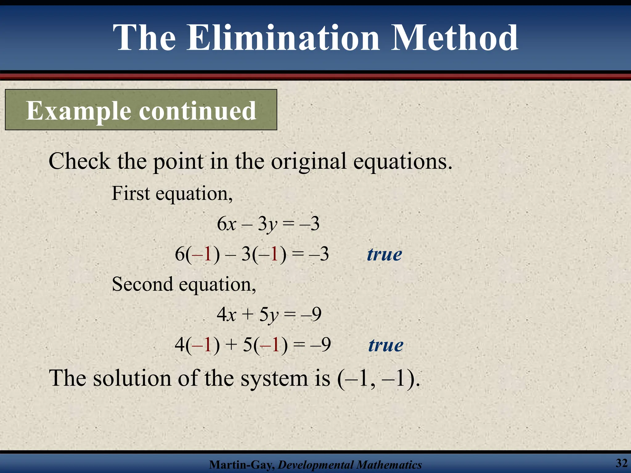 Martin-Gay, Developmental Mathematics 32
Check the point in the original equations.
First equation,
6x – 3y = –3
6(–1) – 3(–1) = –3 true
Second equation,
4x + 5y = –9
4(–1) + 5(–1) = –9 true
The solution of the system is (–1, –1).
The Elimination Method
Example continued
 