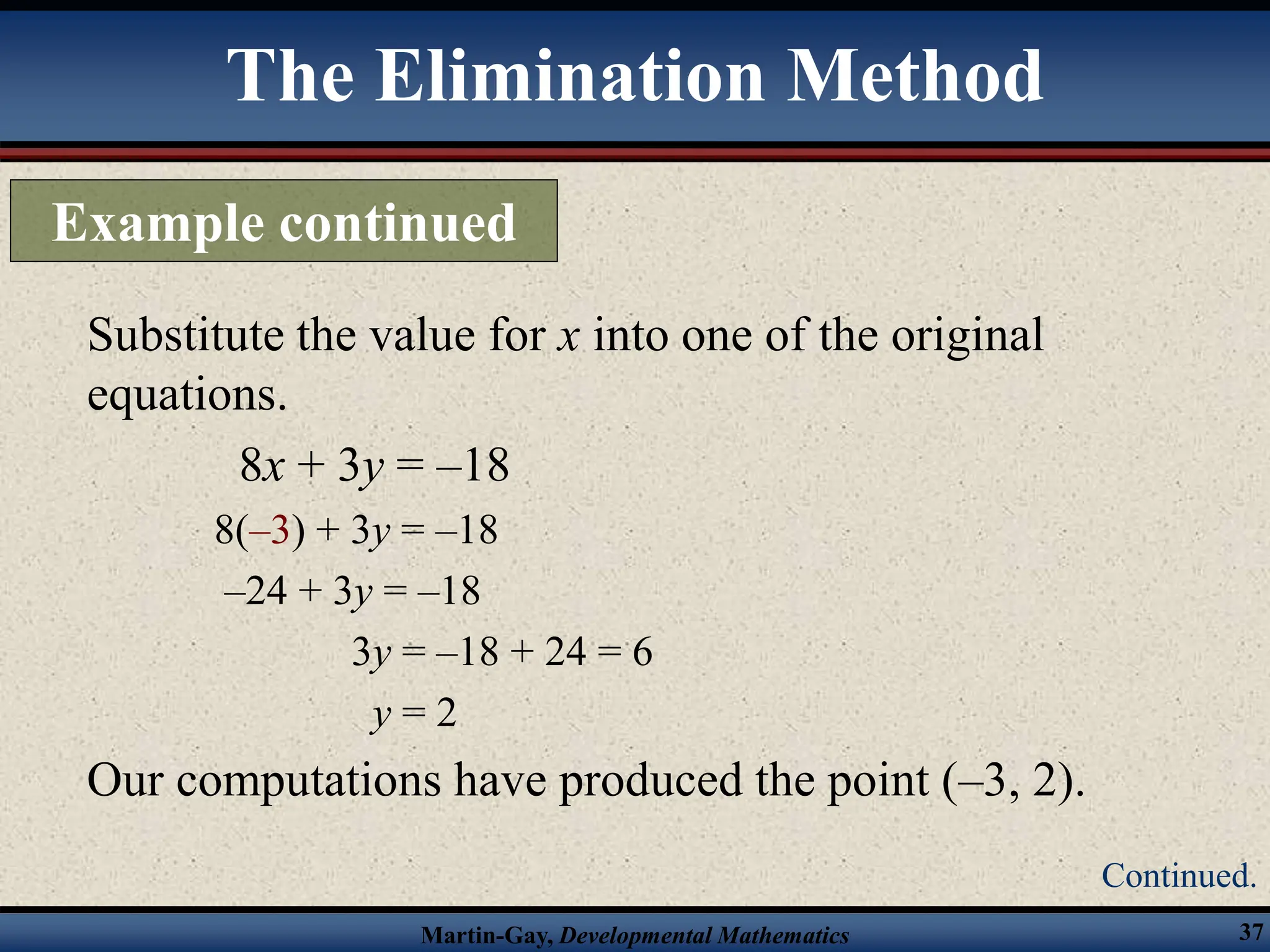 Martin-Gay, Developmental Mathematics 37
Substitute the value for x into one of the original
equations.
8x + 3y = –18
8(–3) + 3y = –18
–24 + 3y = –18
3y = –18 + 24 = 6
y = 2
Our computations have produced the point (–3, 2).
The Elimination Method
Example continued
Continued.
 