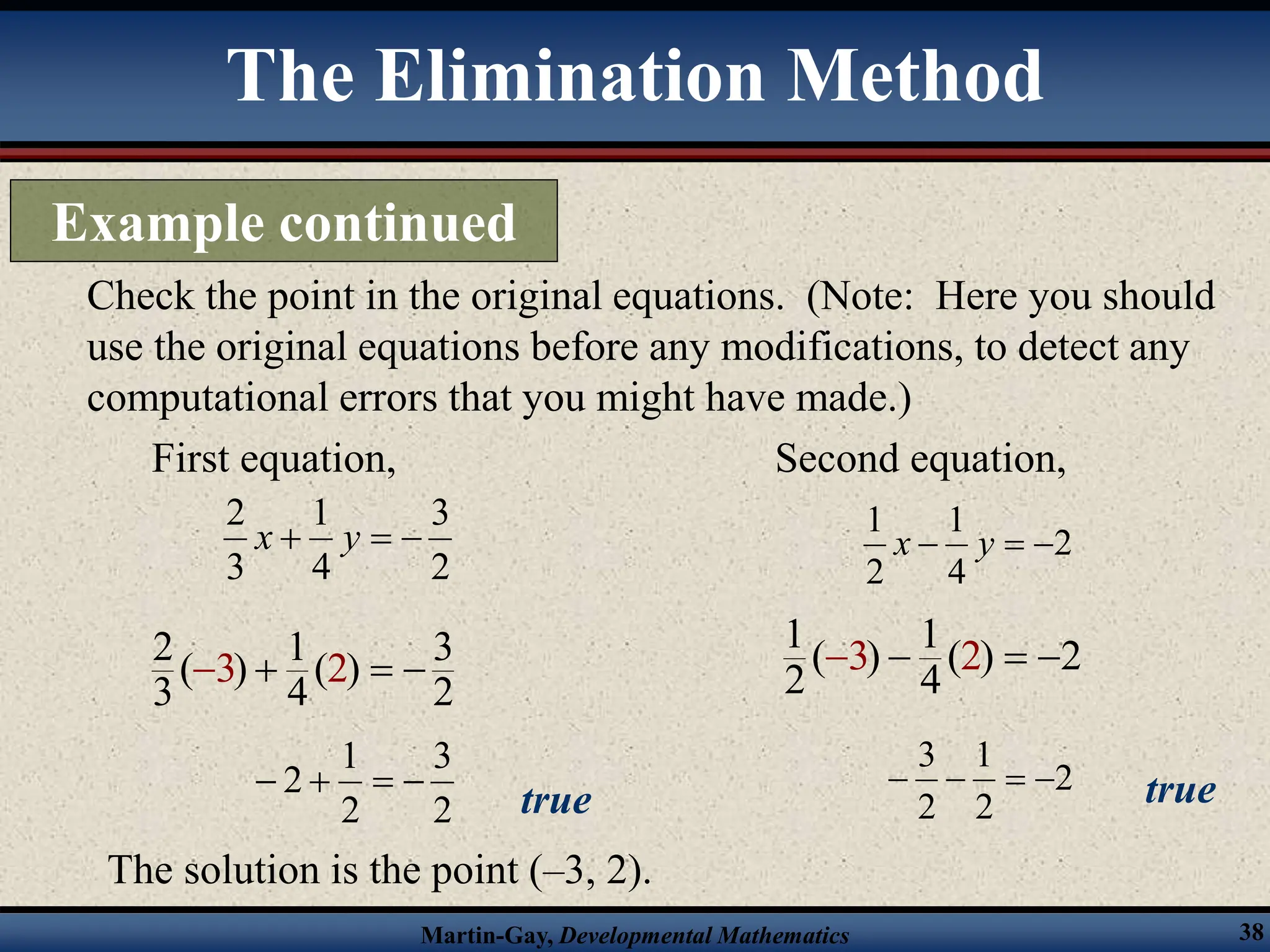 Martin-Gay, Developmental Mathematics 38
Check the point in the original equations. (Note: Here you should
use the original equations before any modifications, to detect any
computational errors that you might have made.)
First equation,
2
3
4
1
3
2


 y
x
2 1 3
( ) ( )
3 4 2
3 2
  

2
3
2
1
2 



true
Second equation,
2
4
1
2
1


 y
x
1 1
( ) ( ) 2
2 4
3 2
  

2
2
1
2
3



 true
The solution is the point (–3, 2).
The Elimination Method
Example continued
 