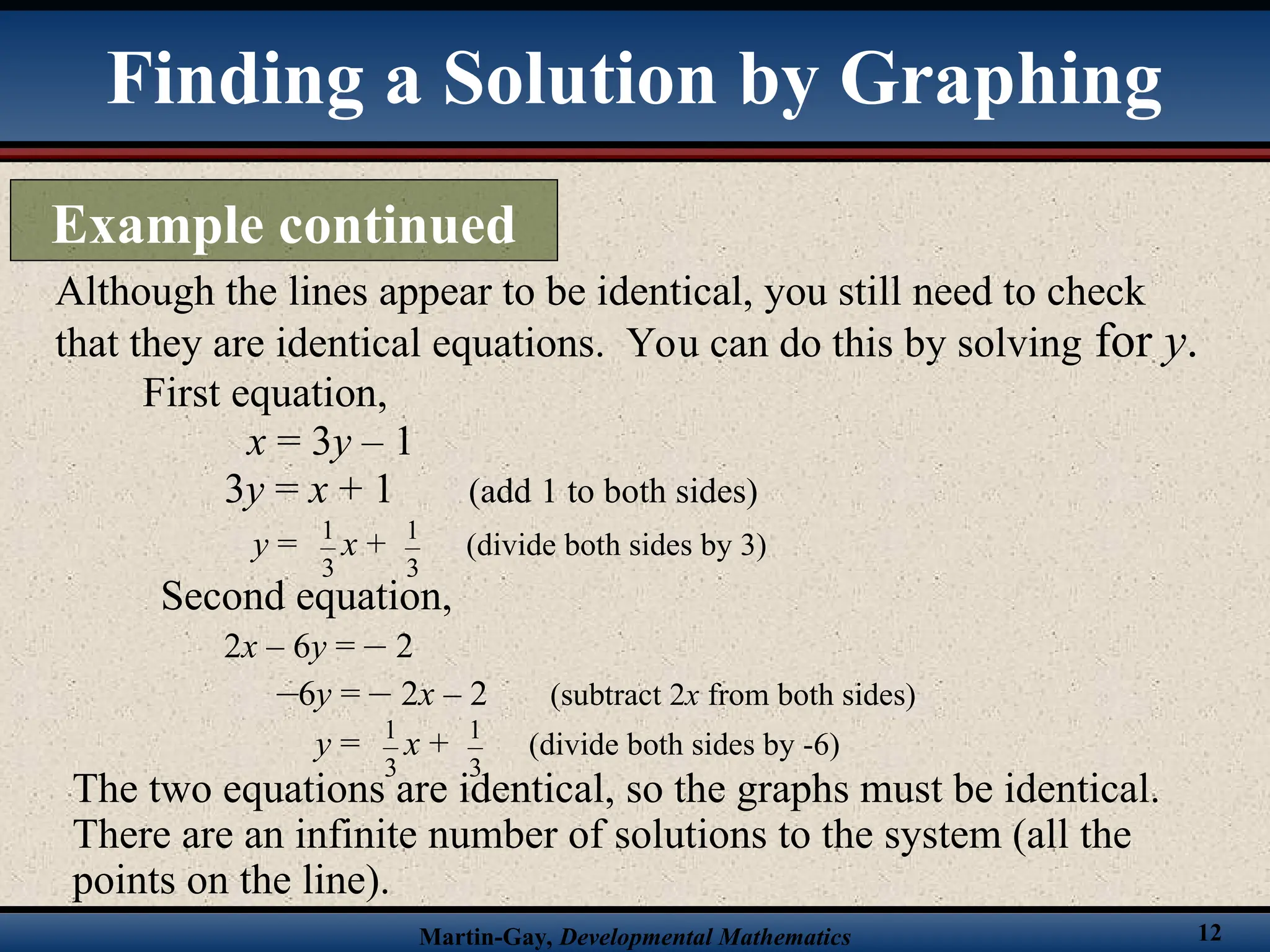 Martin-Gay, Developmental Mathematics 12
Although the lines appear to be identical, you still need to check
that they are identical equations. You can do this by solving for y.
First equation,
x = 3y – 1
3y = x + 1 (add 1 to both sides)
Second equation,
2x – 6y = – 2
–6y = – 2x – 2 (subtract 2x from both sides)
The two equations are identical, so the graphs must be identical.
There are an infinite number of solutions to the system (all the
points on the line).
3
1
y = x + (divide both sides by 3)
3
1
3
1
y = x + (divide both sides by -6)
3
1
Finding a Solution by Graphing
Example continued
 