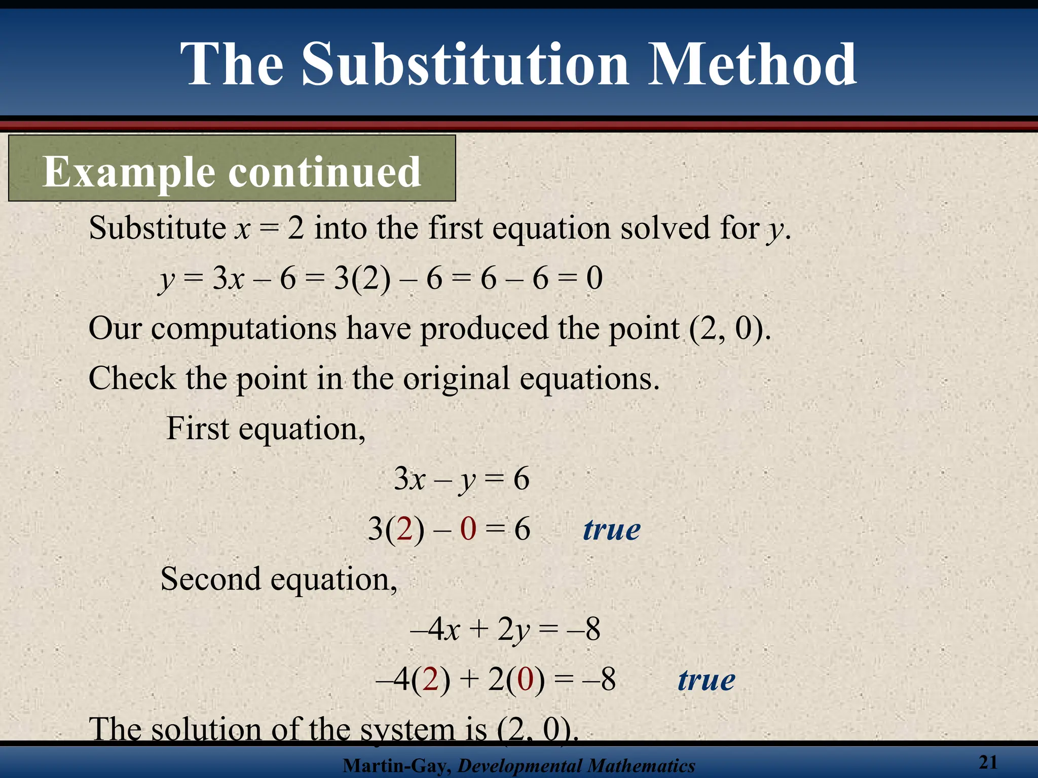 Martin-Gay, Developmental Mathematics 21
Substitute x = 2 into the first equation solved for y.
y = 3x – 6 = 3(2) – 6 = 6 – 6 = 0
Our computations have produced the point (2, 0).
Check the point in the original equations.
First equation,
3x – y = 6
3(2) – 0 = 6 true
Second equation,
–4x + 2y = –8
–4(2) + 2(0) = –8 true
The solution of the system is (2, 0).
The Substitution Method
Example continued
 