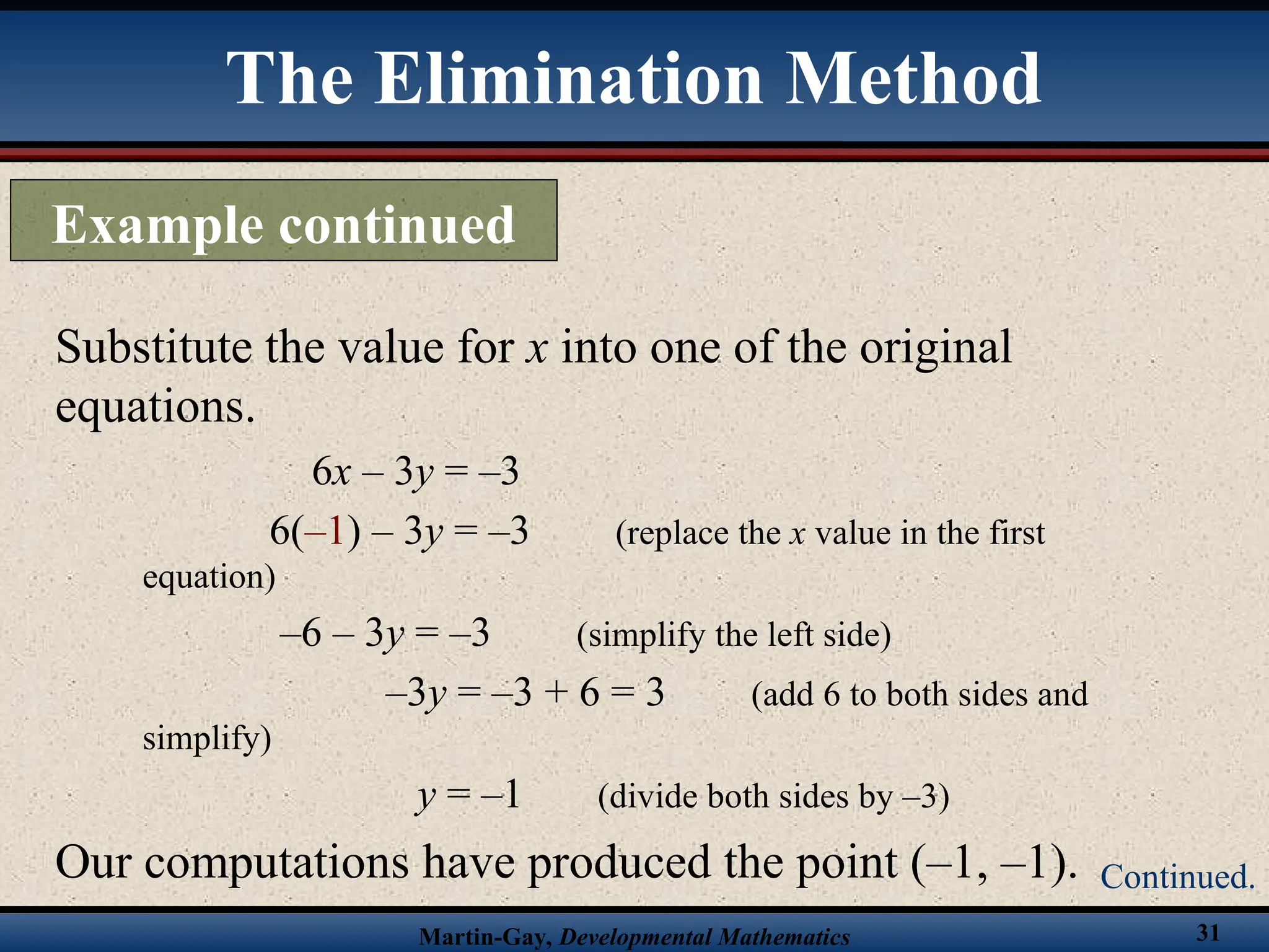 Martin-Gay, Developmental Mathematics 31
Substitute the value for x into one of the original
equations.
6x – 3y = –3
6(–1) – 3y = –3 (replace the x value in the first
equation)
–6 – 3y = –3 (simplify the left side)
–3y = –3 + 6 = 3 (add 6 to both sides and
simplify)
y = –1 (divide both sides by –3)
Our computations have produced the point (–1, –1).
The Elimination Method
Example continued
Continued.
 