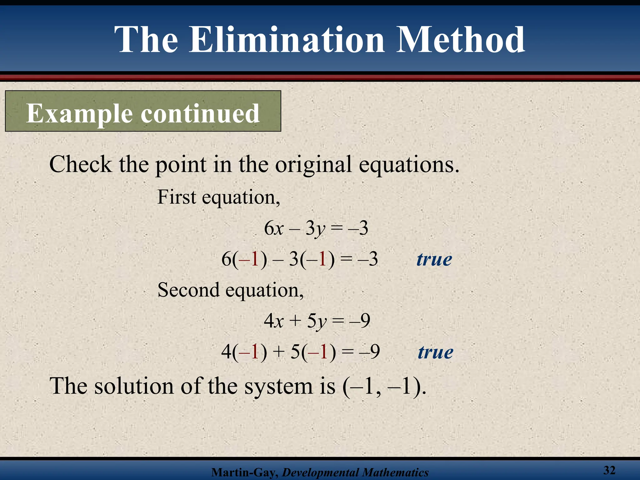 Martin-Gay, Developmental Mathematics 32
Check the point in the original equations.
First equation,
6x – 3y = –3
6(–1) – 3(–1) = –3 true
Second equation,
4x + 5y = –9
4(–1) + 5(–1) = –9 true
The solution of the system is (–1, –1).
The Elimination Method
Example continued
 