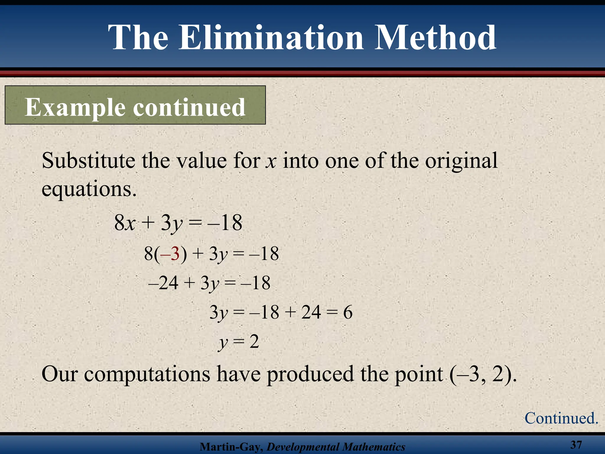 Martin-Gay, Developmental Mathematics 37
Substitute the value for x into one of the original
equations.
8x + 3y = –18
8(–3) + 3y = –18
–24 + 3y = –18
3y = –18 + 24 = 6
y = 2
Our computations have produced the point (–3, 2).
The Elimination Method
Example continued
Continued.
 