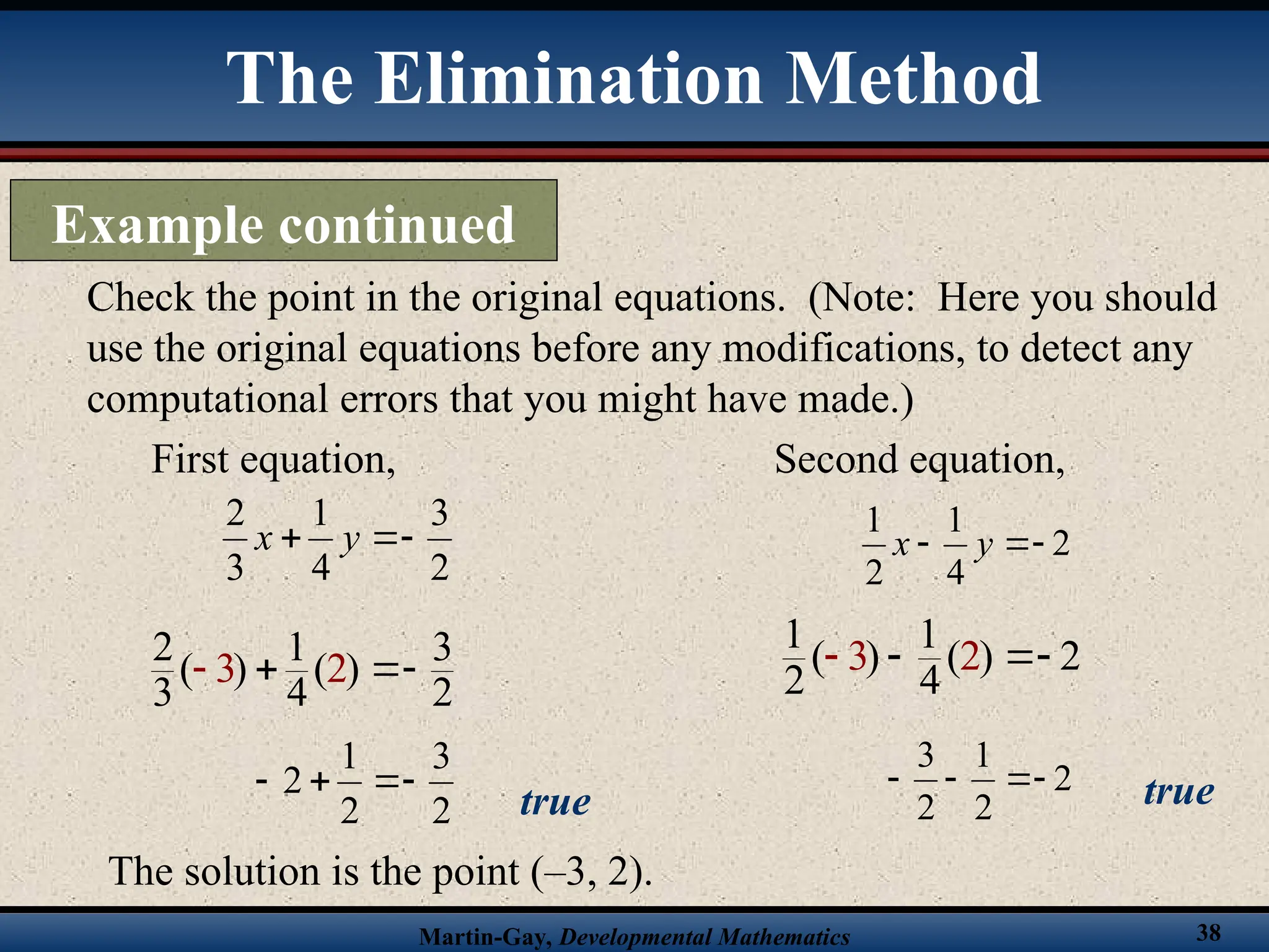 Martin-Gay, Developmental Mathematics 38
Check the point in the original equations. (Note: Here you should
use the original equations before any modifications, to detect any
computational errors that you might have made.)
First equation,
2
3
4
1
3
2


 y
x
2 1 3
( ) ( )
3 4 2
3 2
 

2
3
2
1
2 



true
Second equation,
2
4
1
2
1


 y
x
1 1
( ) ( ) 2
2 4
3 2
 

2
2
1
2
3



 true
The solution is the point (–3, 2).
The Elimination Method
Example continued
 
