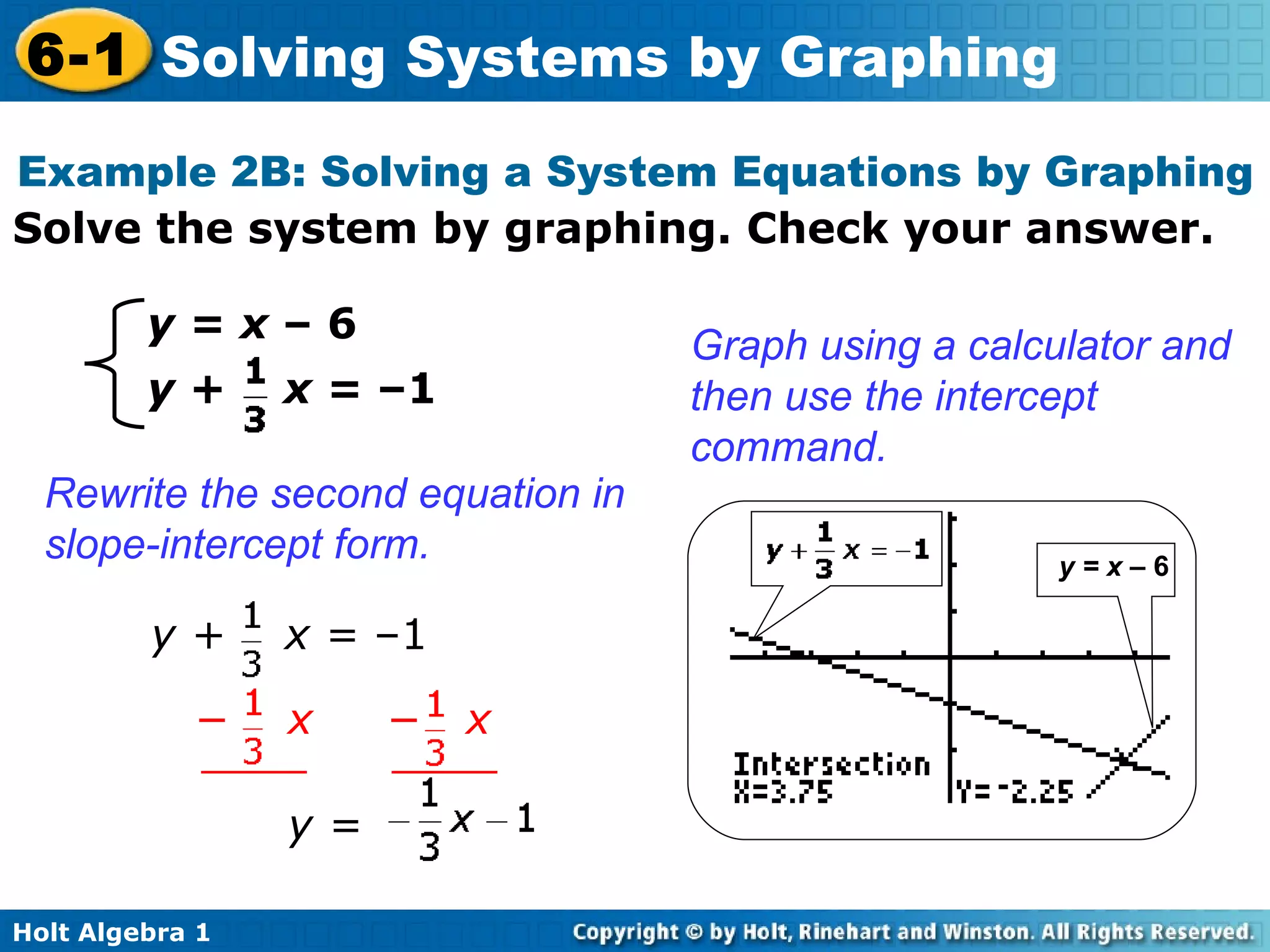 Solve the system by graphing. Check your answer. Example 2B: Solving a System Equations by Graphing y = x  –   6 Rewrite the second equation in slope-intercept form. Graph using a calculator and then use the intercept command. y +  x =  –1 y = x  –   6 y +  x =  –1 −   x   −   x y = 