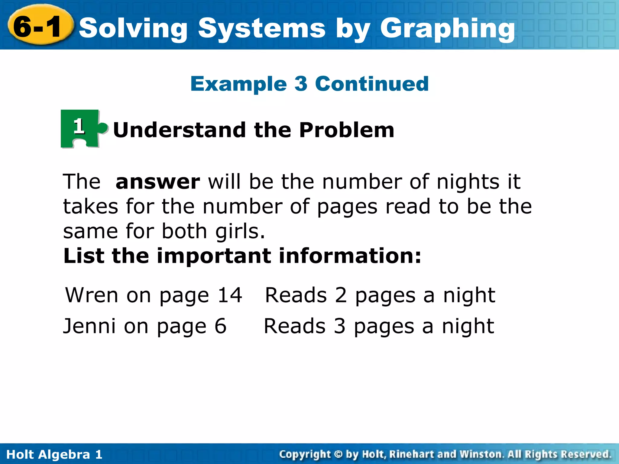 The  answer  will be the number of nights it takes for the number of pages read to be the same for both girls.  List the important information: Wren on page 14  Reads 2 pages a night Jenni on page 6  Reads 3 pages a night Example 3 Continued 1 Understand the Problem 