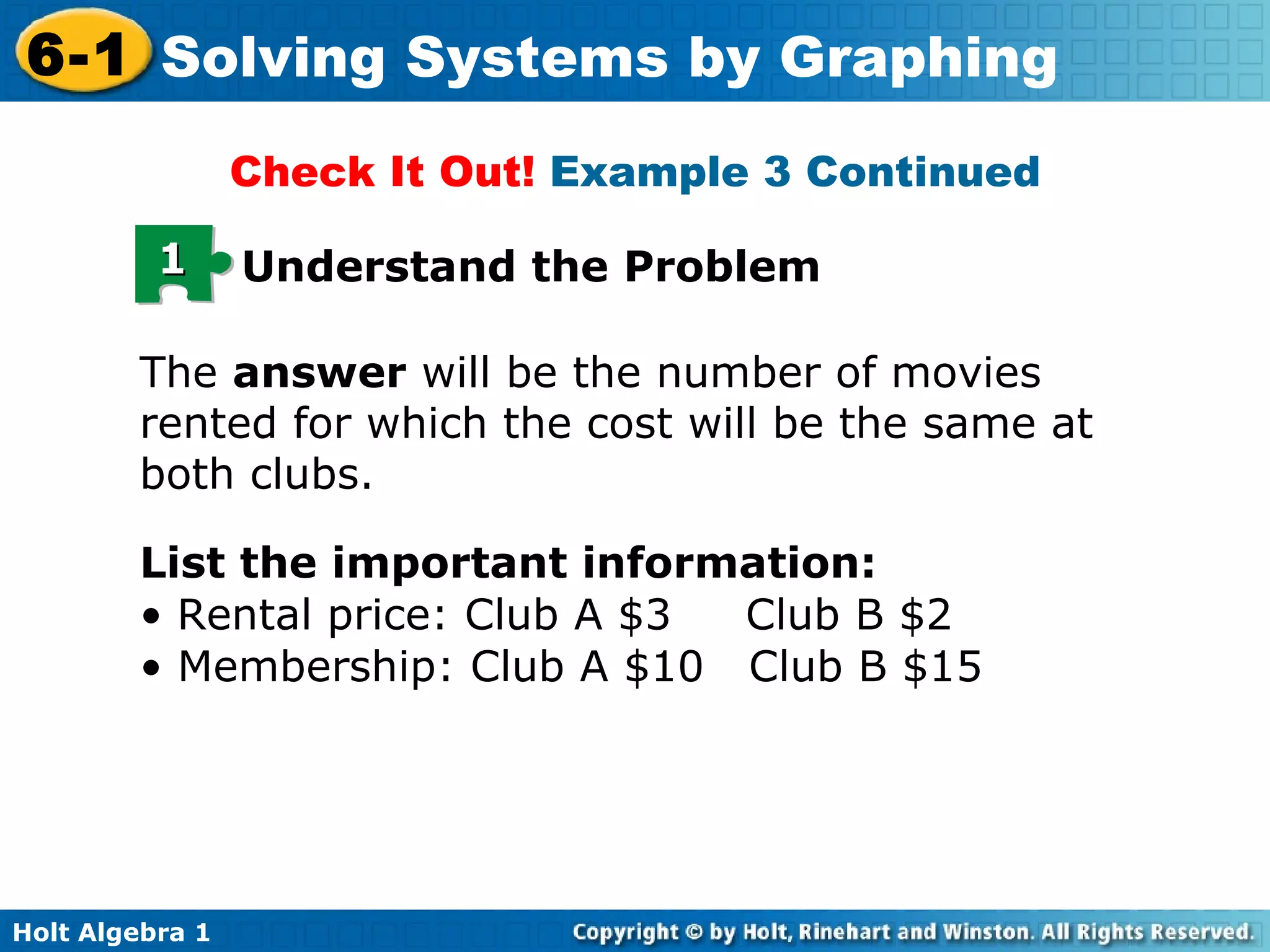Check It Out!  Example 3 Continued The  answer  will be the number of movies rented for which the cost will be the same at both clubs.  List the important information:  Rental price: Club A $3  Club B $2 Membership: Club A $10  Club B $15   1 Understand the Problem 