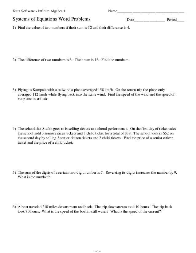 System Of Equations Word Problems Worksheet Algebra 1 Escolagersonalvesgui