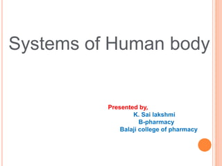 Systems of Human body
Presented by,
K. Sai lakshmi
B-pharmacy
Balaji college of pharmacy
 