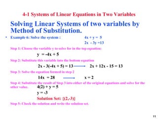 4-1 Systems of Linear Equations in Two Variables <ul><li>Solving Linear Systems of two variables by Method of Substitution...