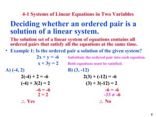 4-1 Systems of Linear Equations in Two Variables <ul><li>Deciding whether an ordered pair is a solution of a linear system...