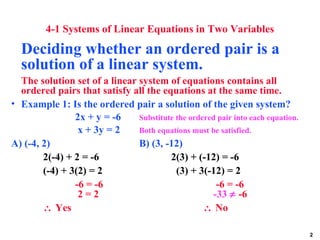 2
4-1 Systems of Linear Equations in Two Variables
Deciding whether an ordered pair is a
solution of a linear system.
The solution set of a linear system of equations contains all
ordered pairs that satisfy all the equations at the same time.
• Example 1: Is the ordered pair a solution of the given system?
2x + y = -6 Substitute the ordered pair into each equation.
x + 3y = 2 Both equations must be satisfied.
A) (-4, 2) B) (3, -12)
2(-4) + 2 = -6 2(3) + (-12) = -6
(-4) + 3(2) = 2 (3) + 3(-12) = 2
-6 = -6 -6 = -6
2 = 2 -33 ≠ -6
∴ Yes ∴ No
 