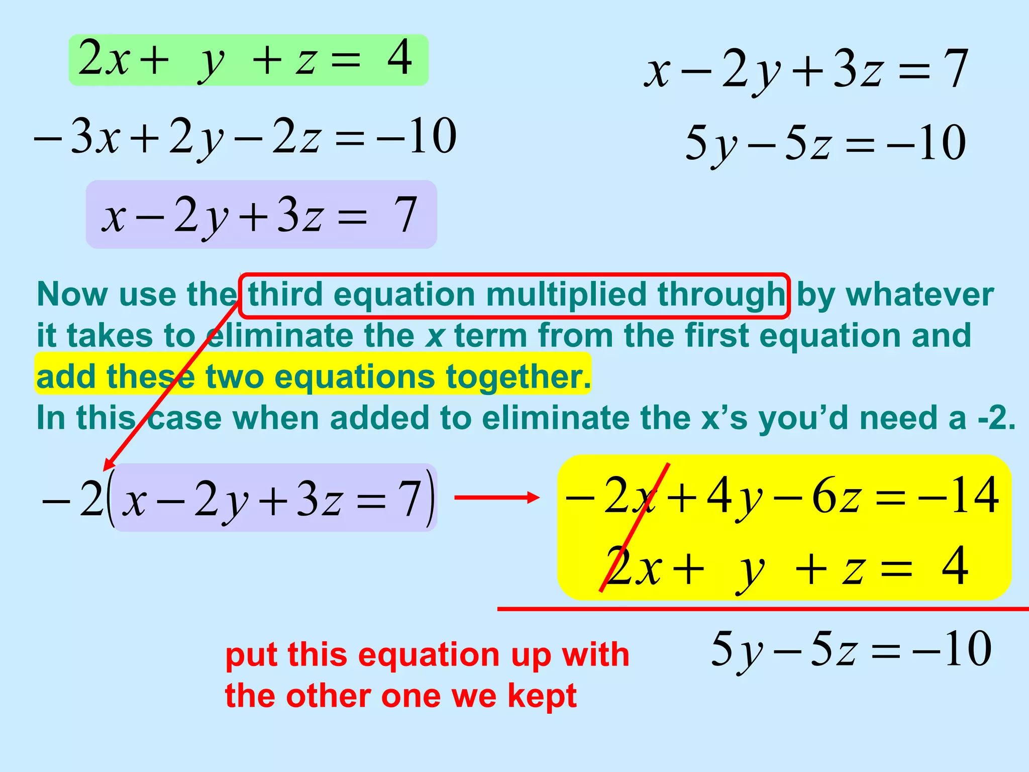 732
10223
42
=+−
−=−+−
=++
zyx
zyx
zyx 732 =+− zyx
keep over here for later use
Now use the third equation multiplied through by whatever
it takes to eliminate the x term from the first equation and
add these two equations together.
In this case when added to eliminate the x’s you’d need a -2.
( )7322 =+−− zyx
1055 −=− zy
1055 −=− zy
put this equation up with
the other one we kept
14642 −=−+− zyx
42 =++ zyx
 
