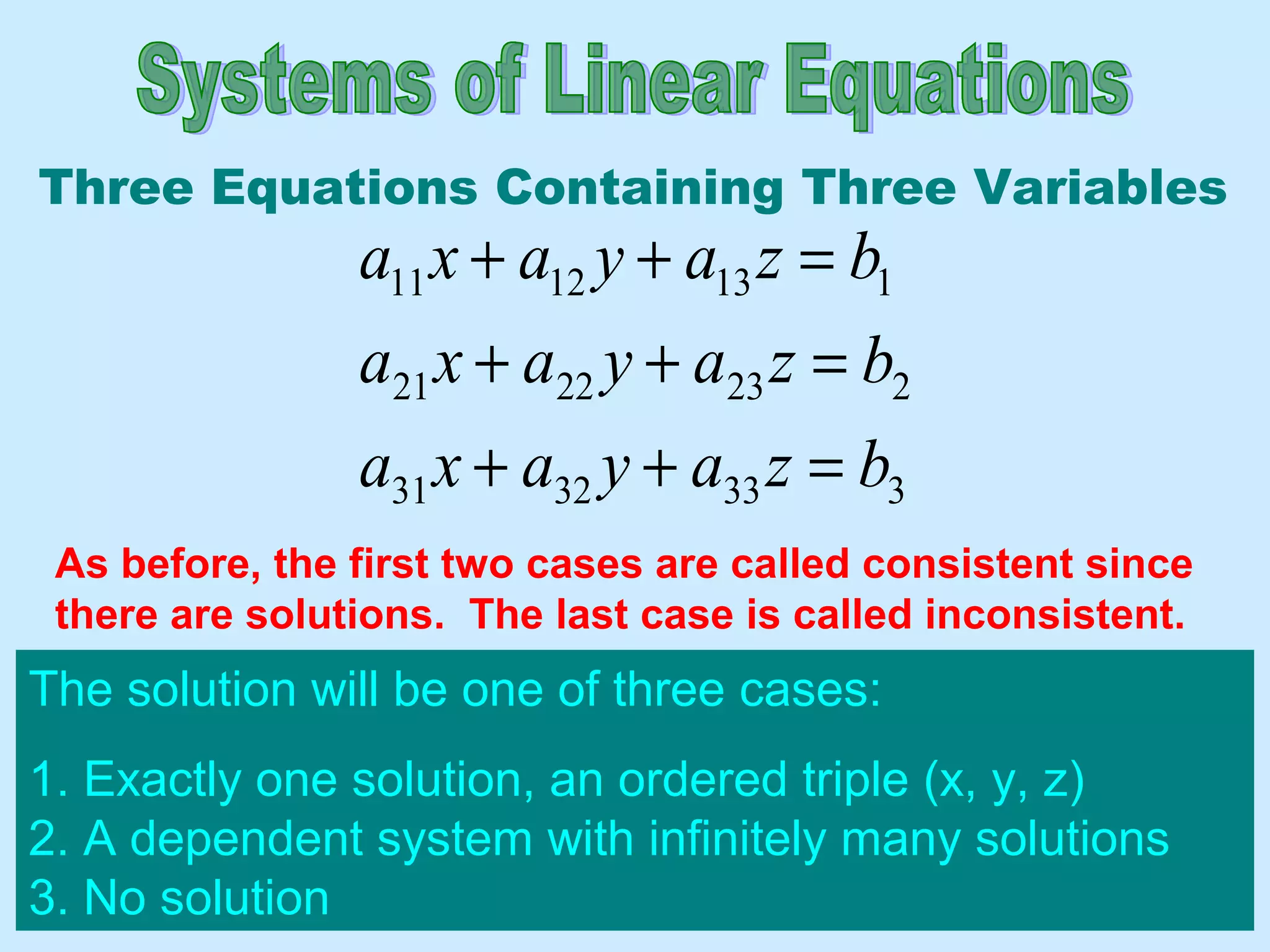 3333231
2232221
1131211
bzayaxa
bzayaxa
bzayaxa
=++
=++
=++
The solution will be one of three cases:
1. Exactly one solution, an ordered triple (x, y, z)
2. A dependent system with infinitely many solutions
3. No solution
Three Equations Containing Three Variables
As before, the first two cases are called consistent since
there are solutions. The last case is called inconsistent.
 