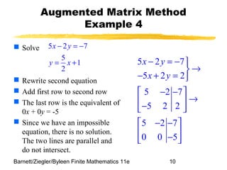 Barnett/Ziegler/Byleen Finite Mathematics 11e 10
Augmented Matrix Method
Example 4
 Solve
 Rewrite second equation
 Add first row to second row
 The last row is the equivalent of
0x + 0y = -5
 Since we have an impossible
equation, there is no solution.
The two lines are parallel and
do not intersect.
5 2 7
5
1
2
x y
y x
− = −
= + 5 2 7
5 2 2
5 2 7
5 2 2
5 2 7
0 0 5
x y
x y
− = − 
→
− + = 
 − − 
→ 
− 
 − − 
 
− 
 