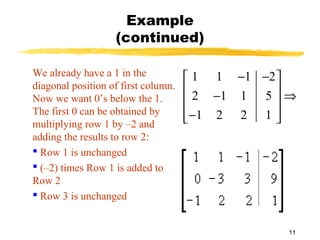 11
Example
(continued)
We already have a 1 in the
diagonal position of first column.
Now we want 0’s below the 1.
The first 0 can be obtained by
multiplying row 1 by –2 and
adding the results to row 2:
 Row 1 is unchanged
 (–2) times Row 1 is added to
Row 2
 Row 3 is unchanged
1 1 1 2
2 1 1 5
1 2 2 1
− − 
 − ⇒ 
 − 
 