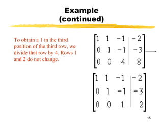 15
Example
(continued)
To obtain a 1 in the third
position of the third row, we
divide that row by 4. Rows 1
and 2 do not change.
 
