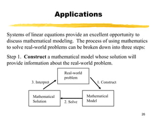 26
Applications
Systems of linear equations provide an excellent opportunity to
discuss mathematical modeling. The process of using mathematics
to solve real-world problems can be broken down into three steps:
Step 1. Construct a mathematical model whose solution will
provide information about the real-world problem.
Real-world
problem
Mathematical
Model
Mathematical
Solution
1. Construct3. Interpret
2. Solve
 