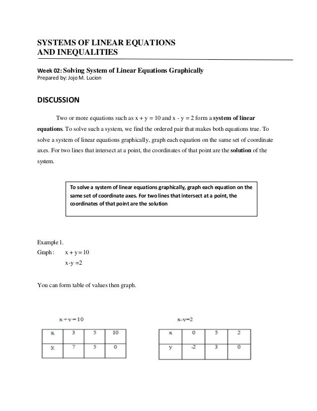 Systems Of Linear Equations Weedk2 Discussion