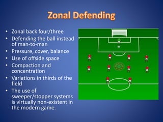 • Zonal back four/three
• Defending the ball instead
of man-to-man
• Pressure, cover, balance
• Use of offside space
• Compaction and
concentration
• Variations in thirds of the
field
• The use of
sweeper/stopper systems
is virtually non-existent in
the modern game.
 