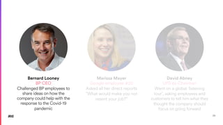 28
Bernard Looney
BP CEO
Challenged BP employees to
share ideas on how the
company could help with the
response to the Covid-19
pandemic
Marissa Mayer
Google employee #20
Asked all her direct reports
“What would make you not
resent your job?”
David Abney
UPS ex-Chairman
Went on a global ‘listening
tour’, asking employees and
customers to tell him what they
thought the company should
focus on going forward
 