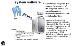 Example
• User interface
• Application programming
interface
• File management system
• Kernel
• I/O drivers and network module
• Generalized programs that
manage the resources of
the computer, such as the
central processor,
communications links, and
peripheral devices.
• System software – or
operating system helps in
managing the files, to load
and execute programs and
to accept and interpret
commands form mouse
and keyboard; DOS,
Windows, Unix are some of
many existing operating
systems
 