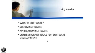 • WHAT IS SOFTWARE?
• SYSTEM SOFTWARE
• APPLICATION SOFTWARE
• CONTEMPORARY TOOLS FOR SOFTWARE
DEVELOPMENT
*
 