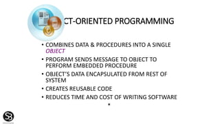OBJECT-ORIENTED PROGRAMMING
• COMBINES DATA & PROCEDURES INTO A SINGLE
OBJECT
• PROGRAM SENDS MESSAGE TO OBJECT TO
PERFORM EMBEDDED PROCEDURE
• OBJECT’S DATA ENCAPSULATED FROM REST OF
SYSTEM
• CREATES REUSABLE CODE
• REDUCES TIME AND COST OF WRITING SOFTWARE
*
 