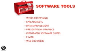 SOFTWARE TOOLS
• WORD PROCESSING
• SPREADSHEETS
• DATA MANAGEMENT
• PRESENTATION GRAPHICS
• INTEGRATED SOFTWARE SUITES
• E-MAIL
• WEB BROWSERS
 