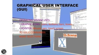GRAPHICAL USER INTERFACE
(GUI)
OPERATING SYSTEM USES:
• GRAPHIC ICONS: Icons, buttons, bars, boxes
• POINTER: Mouse, pen, touch screen
TO ISSUE COMMANDS
MAKE SELECTIONS
*
 