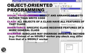 OBJECT-ORIENTED
PROGRAMMING
VISUAL PROGRAMMING: SELECT AND ARRANGE OBJECTS
RATHER THAN WRITE CODE
CLASS: ALL OBJECTS OF A CLASS HAVE ALL FEATURES OF
THAT CLASS
INHERITANCE: SPECIFIC CLASS RECEIVES FEATURES OF A
MORE GENERAL CLASS
OVERRIDE: SUBCLASS MAY OVERRIDE INHERITED METHOD
(e.g.: Printout of an HOURLY worker pay check may differ
from that of a WEEKLY worker
*
 