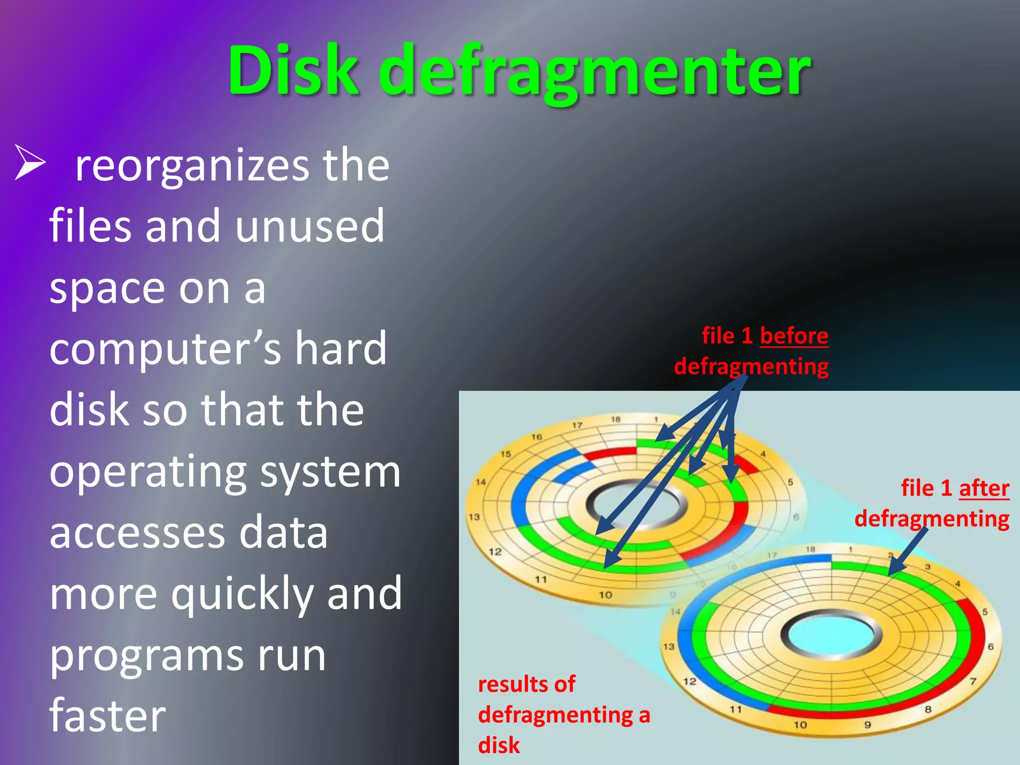 Disk defragmenter
 reorganizes the
files and unused
space on a
computer’s hard
disk so that the
operating system
accesses data
more quickly and
programs run
faster
file 1 after
defragmenting
file 1 before
defragmenting
results of
defragmenting a
disk
 