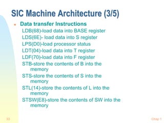 Chap 1
33
SIC Machine Architecture (3/5)
 Data transfer Instructions
LDB(68)-load data into BASE register
LDS(6E)- load data into S register
LPS(D0)-load processor status
LDT(04)-load data into T register
LDF(70)-load data into F register
STB-store the contents of B into the
memory
STS-store the contents of S into the
memory
STL(14)-store the contents of L into the
memory
STSW(E8)-store the contents of SW into the
memory
 