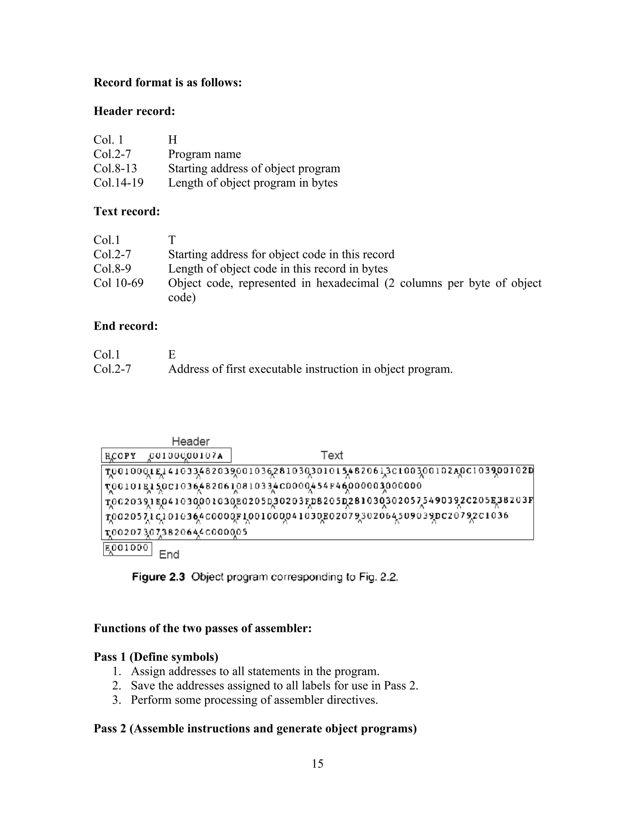 Record format is as follows:
Header record:
Col. 1 H
Col.2-7 Program name
Col.8-13 Starting address of object program
Col.14-19 Length of object program in bytes
Text record:
Col.1 T
Col.2-7 Starting address for object code in this record
Col.8-9 Length of object code in this record in bytes
Col 10-69 Object code, represented in hexadecimal (2 columns per byte of object
code)
End record:
Col.1 E
Col.2-7 Address of first executable instruction in object program.
Functions of the two passes of assembler:
Pass 1 (Define symbols)
1. Assign addresses to all statements in the program.
2. Save the addresses assigned to all labels for use in Pass 2.
3. Perform some processing of assembler directives.
Pass 2 (Assemble instructions and generate object programs)
15
 