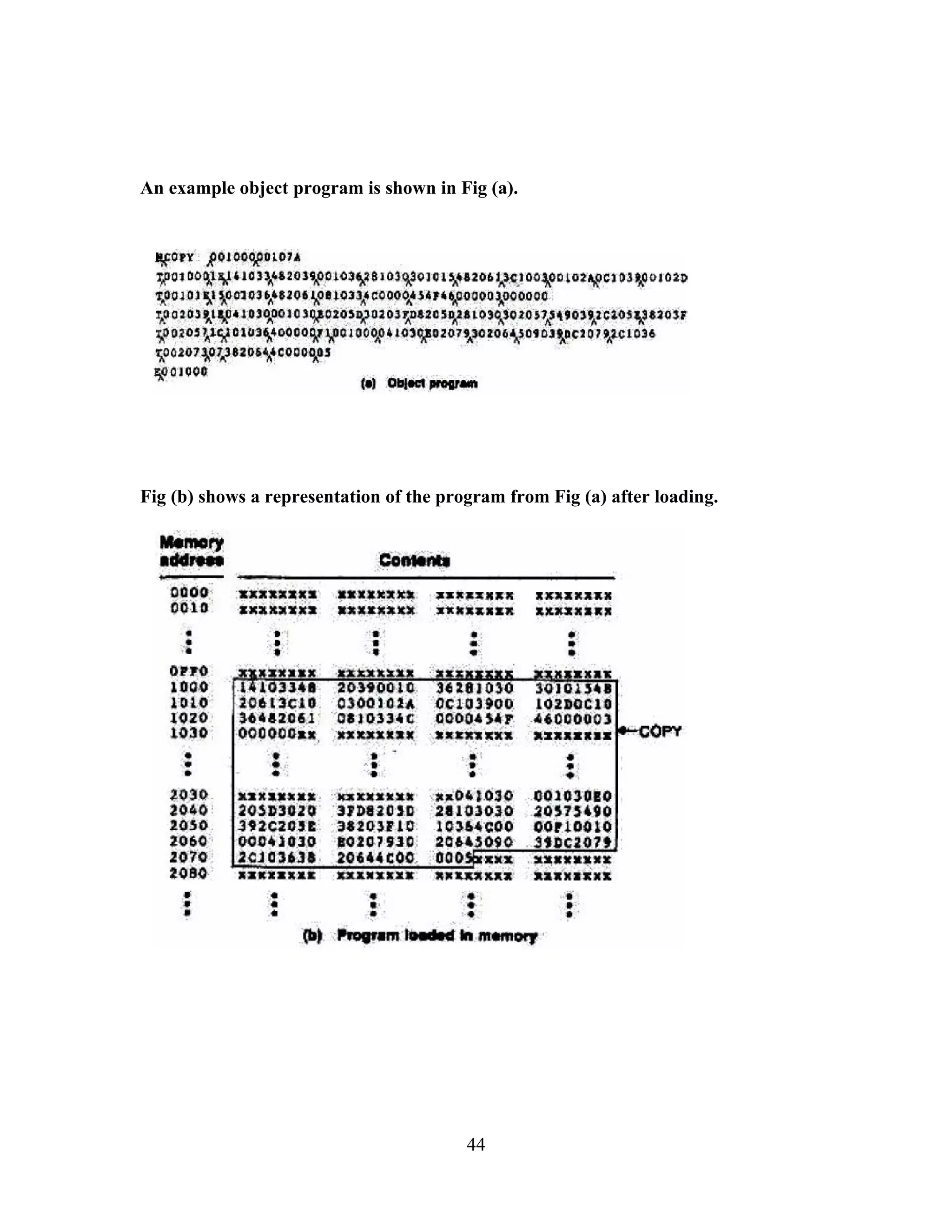 An example object program is shown in Fig (a).
Fig (b) shows a representation of the program from Fig (a) after loading.
44
 