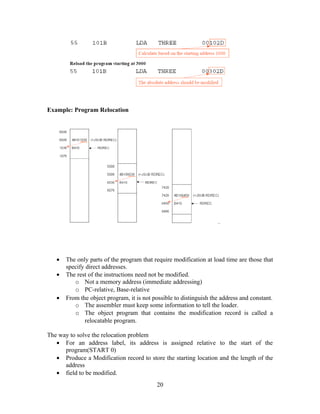 Example: Program Relocation
• The only parts of the program that require modification at load time are those that
specify direct addresses.
• The rest of the instructions need not be modified.
o Not a memory address (immediate addressing)
o PC-relative, Base-relative
• From the object program, it is not possible to distinguish the address and constant.
o The assembler must keep some information to tell the loader.
o The object program that contains the modification record is called a
relocatable program.
The way to solve the relocation problem
• For an address label, its address is assigned relative to the start of the
program(START 0)
• Produce a Modification record to store the starting location and the length of the
address
• field to be modified.
20
 