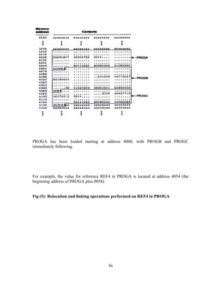 PROGA has been loaded starting at address 4000, with PROGB and PROGC
immediately following.
For example, the value for reference REF4 in PROGA is located at address 4054 (the
beginning address of PROGA plus 0054).
Fig (5): Relocation and linking operations performed on REF4 in PROGA
56
 
