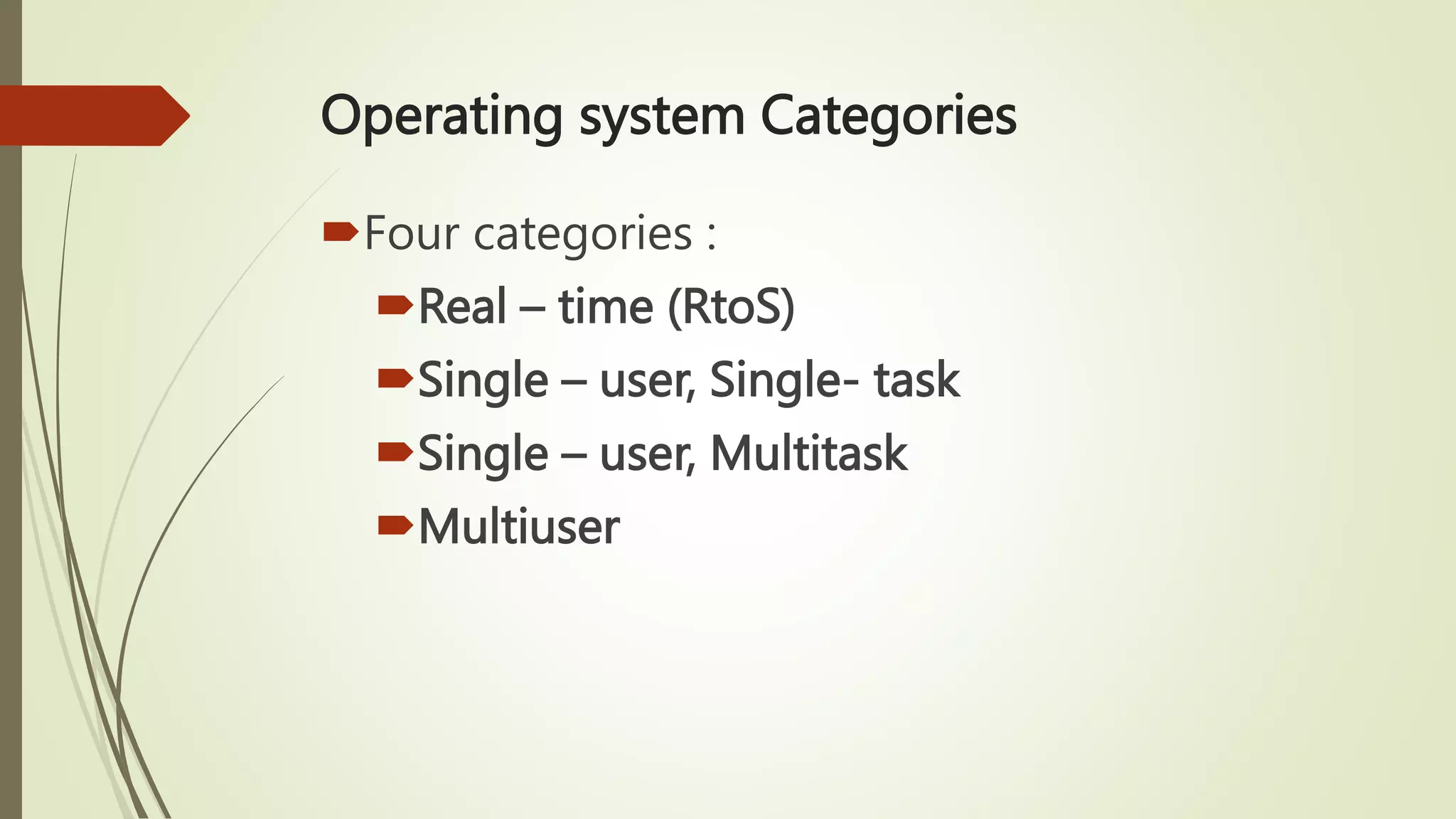 Operating system Categories
Four categories :
Real – time (RtoS)
Single – user, Single- task
Single – user, Multitask
Multiuser
 